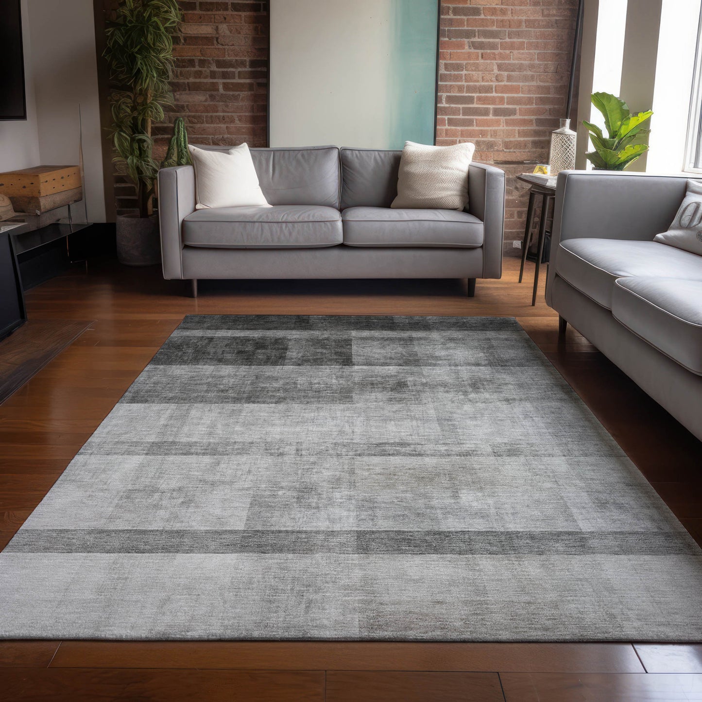 9' X 12' Gray Ombre Washable Non Skid Indoor Outdoor Area Rug