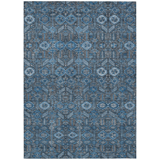 9' X 12' Blue and Black Floral Washable Non Skid Indoor Outdoor Area Rug