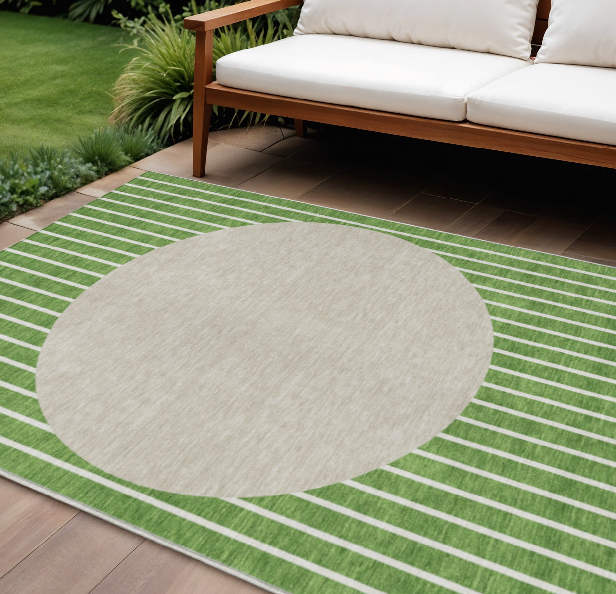 8' X 10' Green And Gray Striped Washable Indoor Outdoor Area Rug
