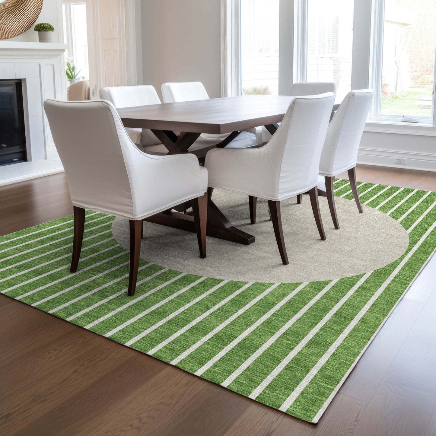 8' X 10' Green And Gray Striped Washable Indoor Outdoor Area Rug