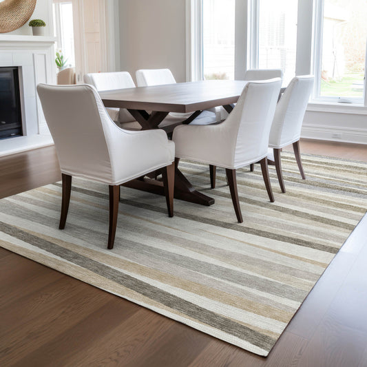 3' X 5' Ivory And Gray Striped Washable Indoor Outdoor Area Rug