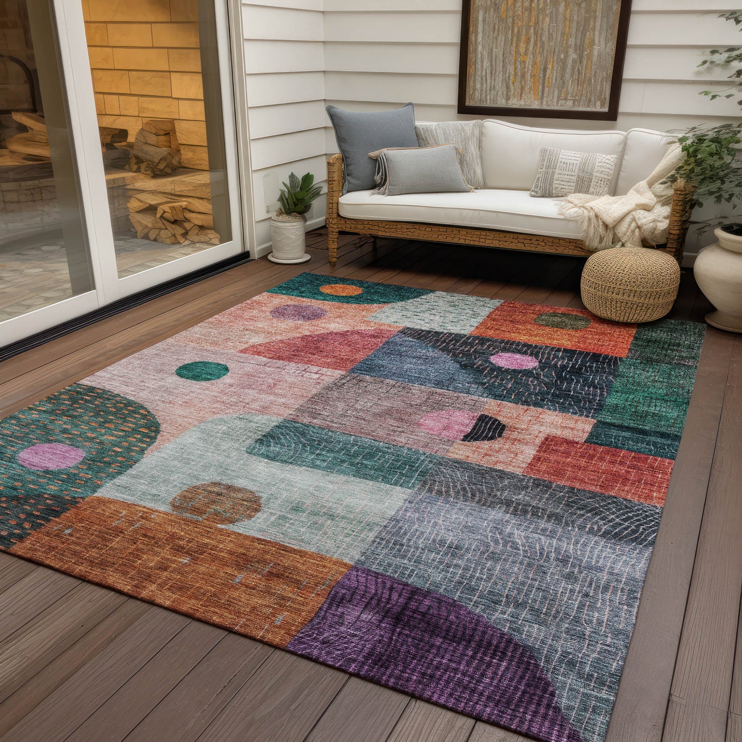 9' X 12' Orange Purple And Green Geometric Washable Indoor Outdoor Area Rug