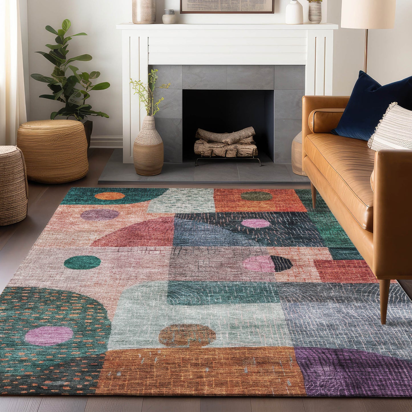 9' X 12' Orange Purple And Green Geometric Washable Indoor Outdoor Area Rug