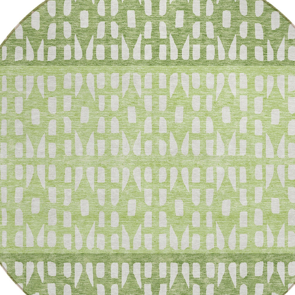 8' Green Sage And Ivory Round Geometric Washable Indoor Outdoor Area Rug