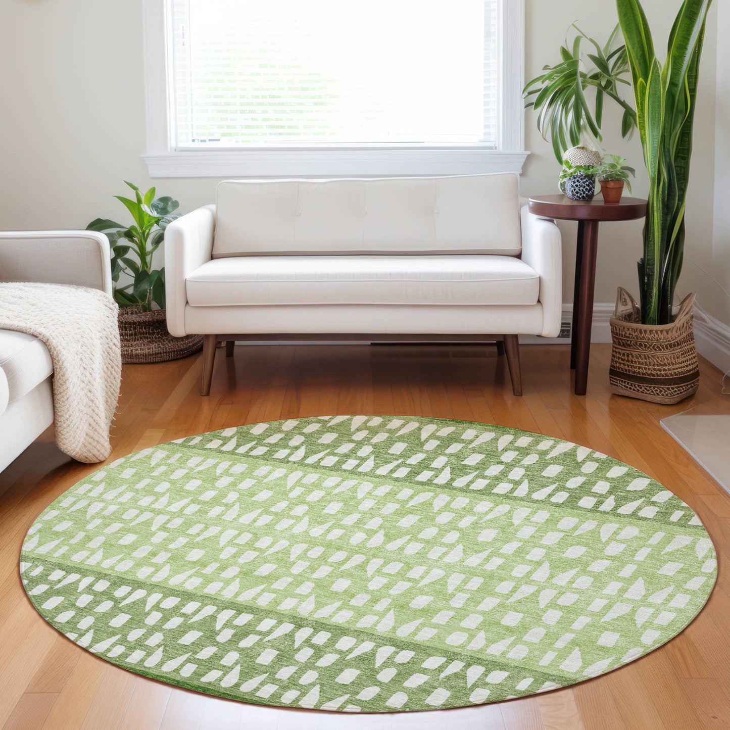 8' Green Sage And Ivory Round Geometric Washable Indoor Outdoor Area Rug