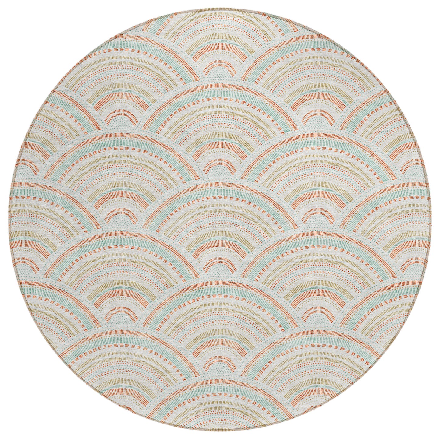 8' Linen Orange And Ivory Round Geometric Washable Indoor Outdoor Area Rug