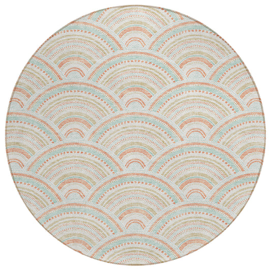 8' Linen Orange And Ivory Round Geometric Washable Indoor Outdoor Area Rug