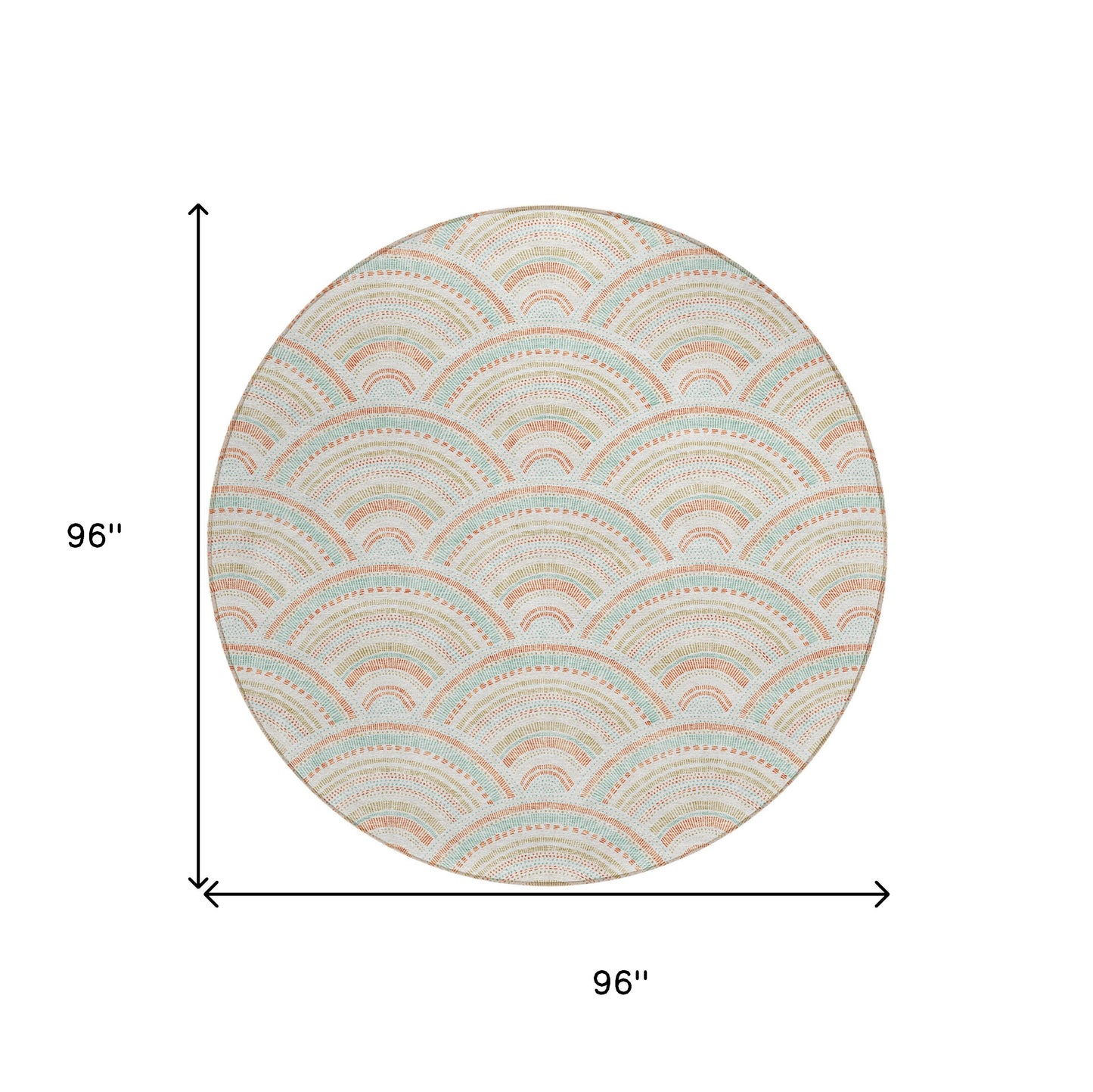 8' Linen Orange And Ivory Round Geometric Washable Indoor Outdoor Area Rug