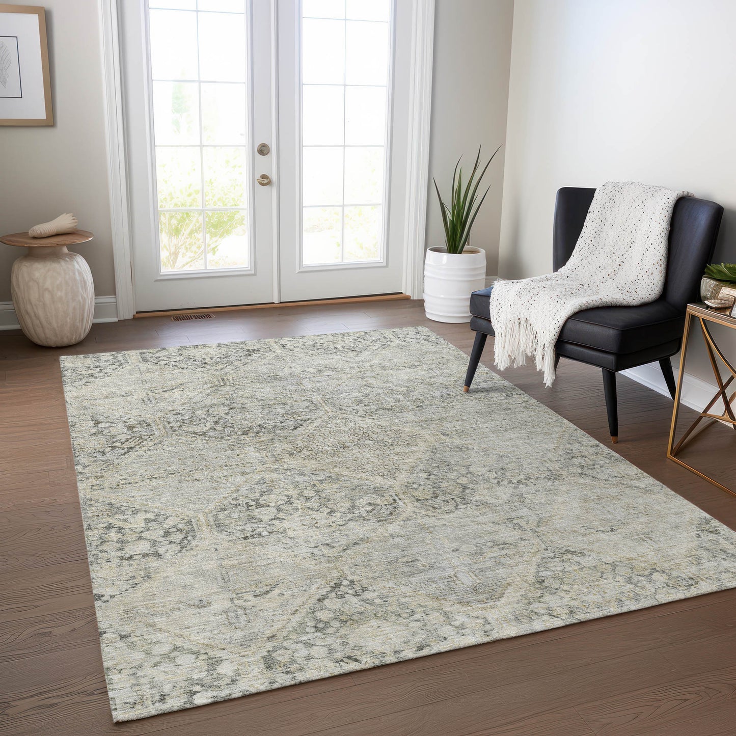 8' X 10' Pewter And Silver Geometric Washable Indoor Outdoor Area Rug