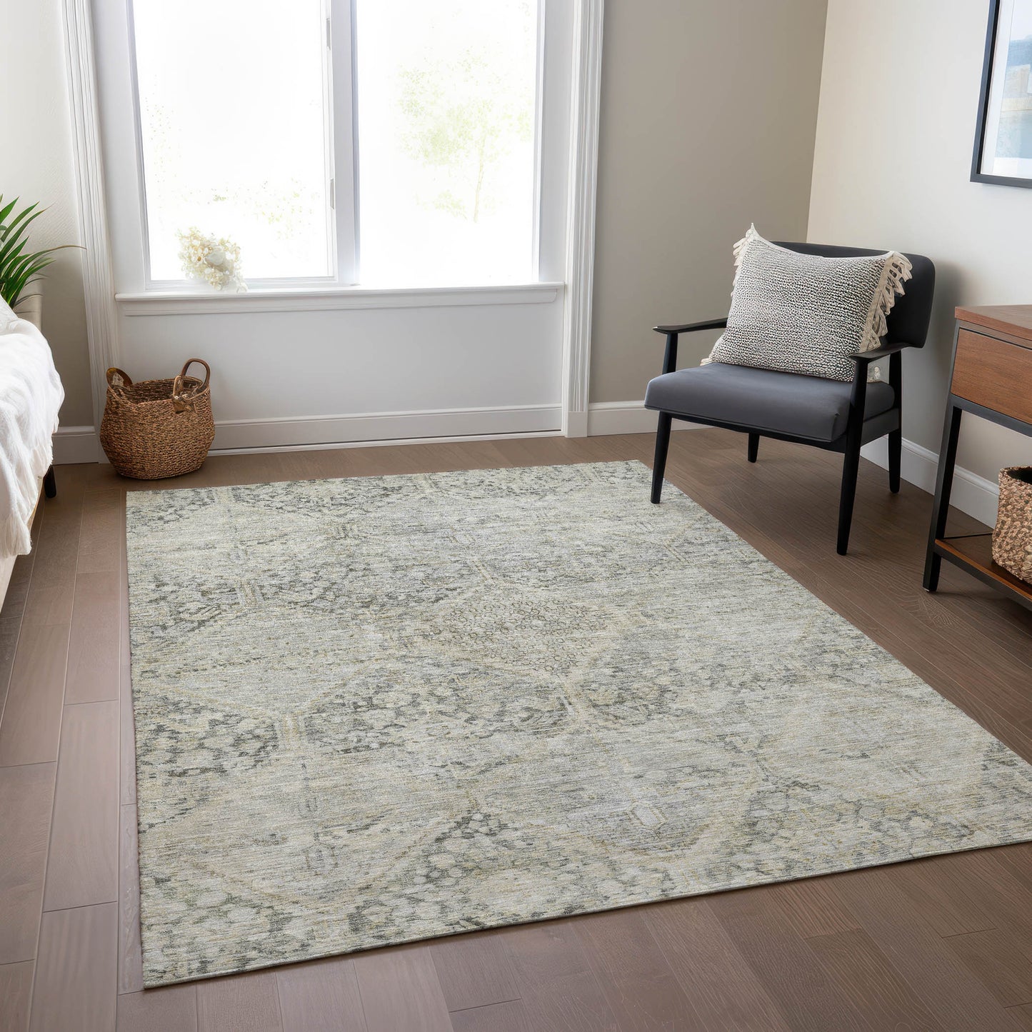 8' X 10' Pewter And Silver Geometric Washable Indoor Outdoor Area Rug
