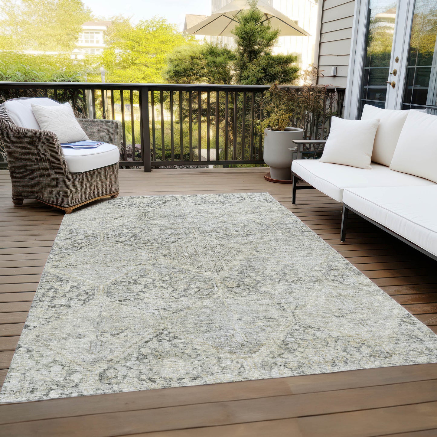 8' X 10' Pewter And Silver Geometric Washable Indoor Outdoor Area Rug