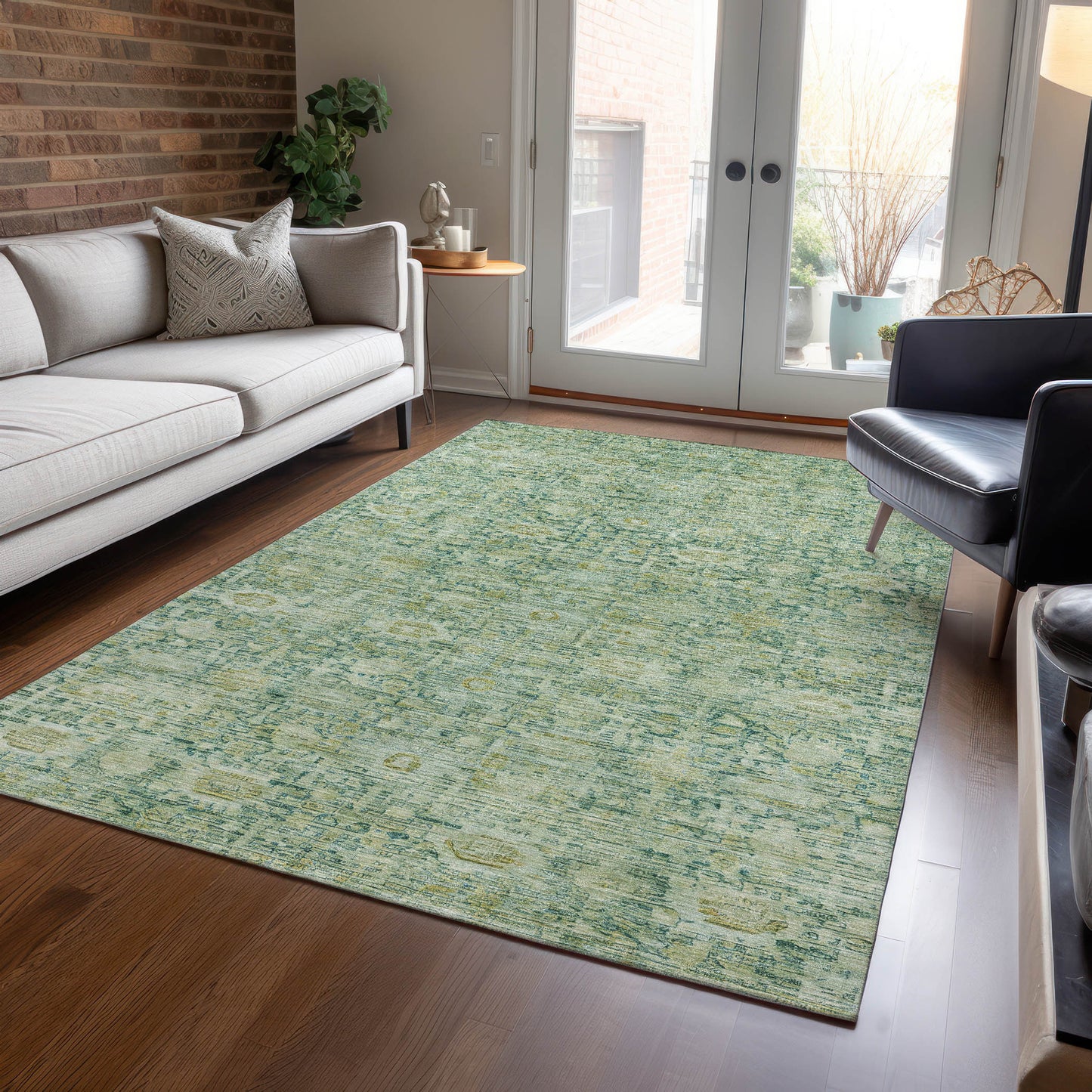 3' X 5' Artichoke Green And Teal Blue Oriental Washable Indoor Outdoor Area Rug