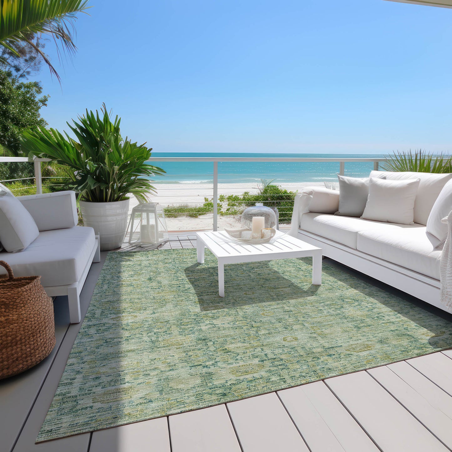 3' X 5' Artichoke Green And Teal Blue Oriental Washable Indoor Outdoor Area Rug