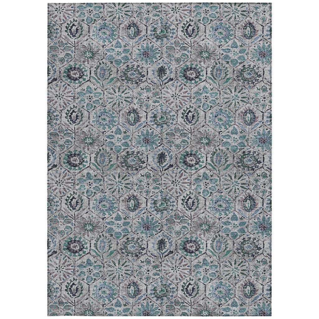 10' X 14' Teal Blue And Gray Floral Washable Indoor Outdoor Area Rug