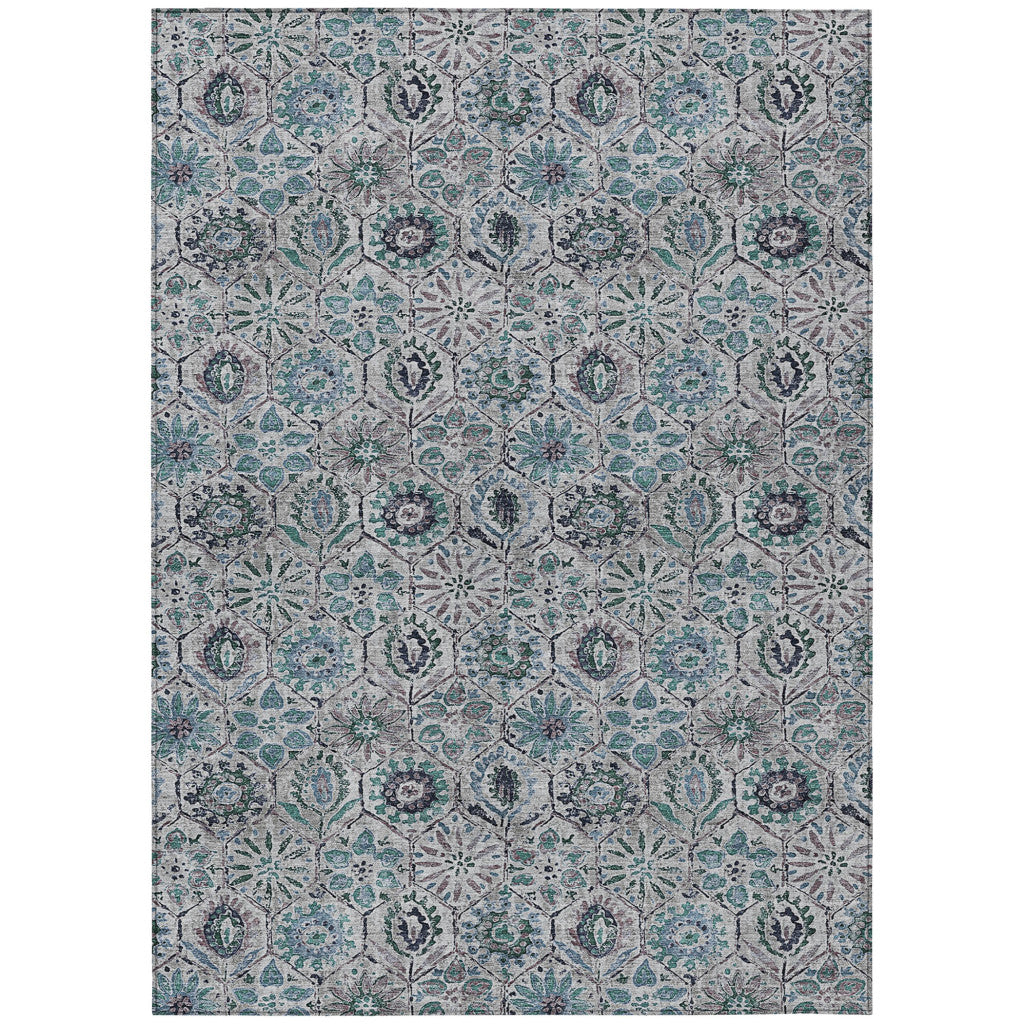 10' X 14' Teal Blue And Gray Floral Washable Indoor Outdoor Area Rug