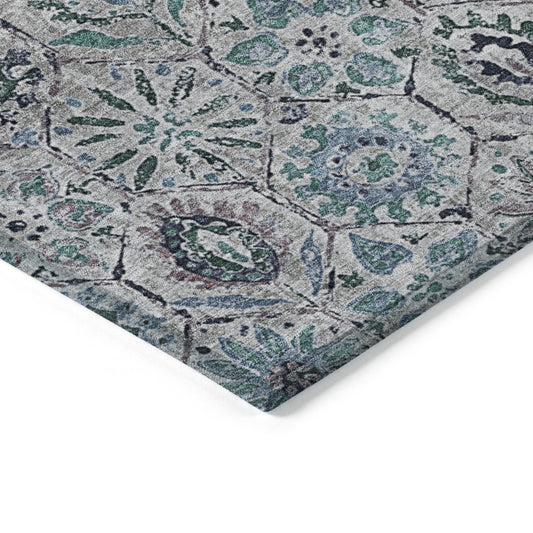 10' X 14' Teal Blue And Gray Floral Washable Indoor Outdoor Area Rug
