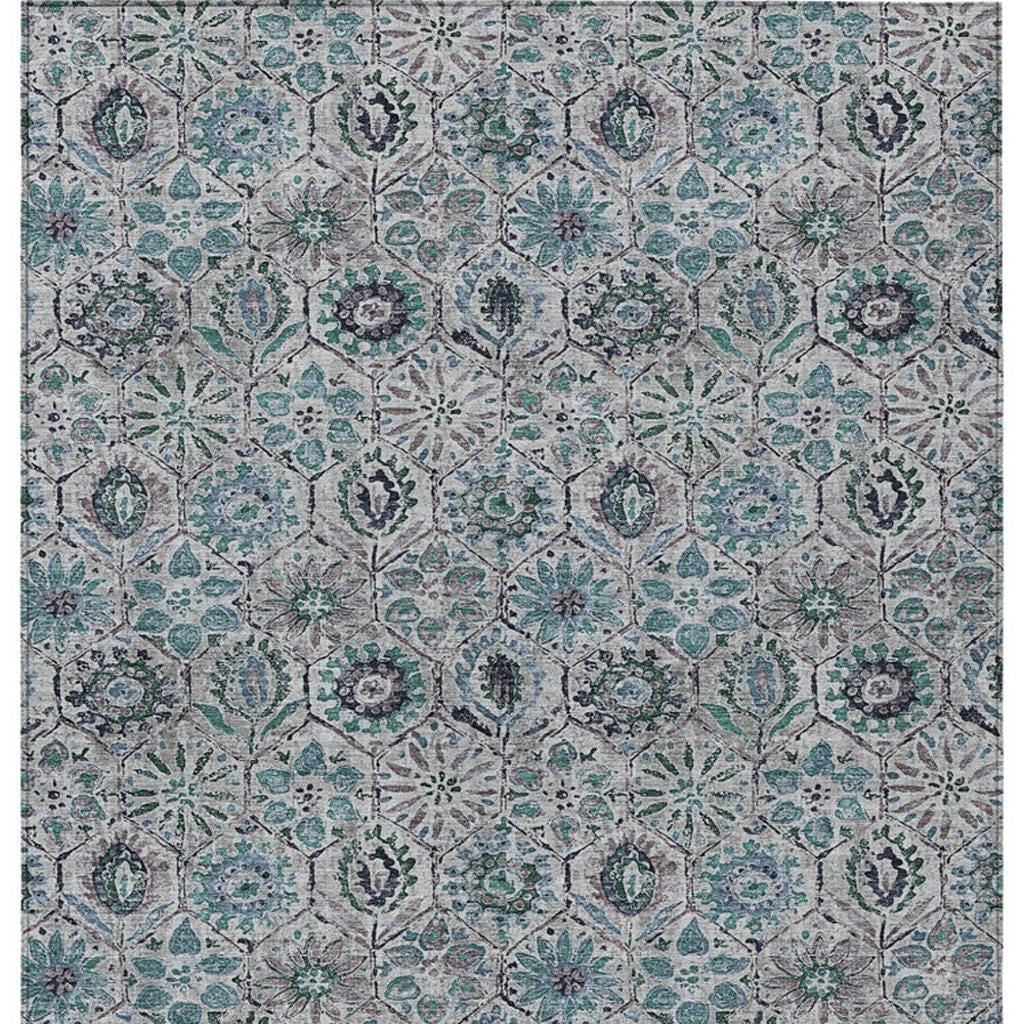 10' X 14' Teal Blue And Gray Floral Washable Indoor Outdoor Area Rug