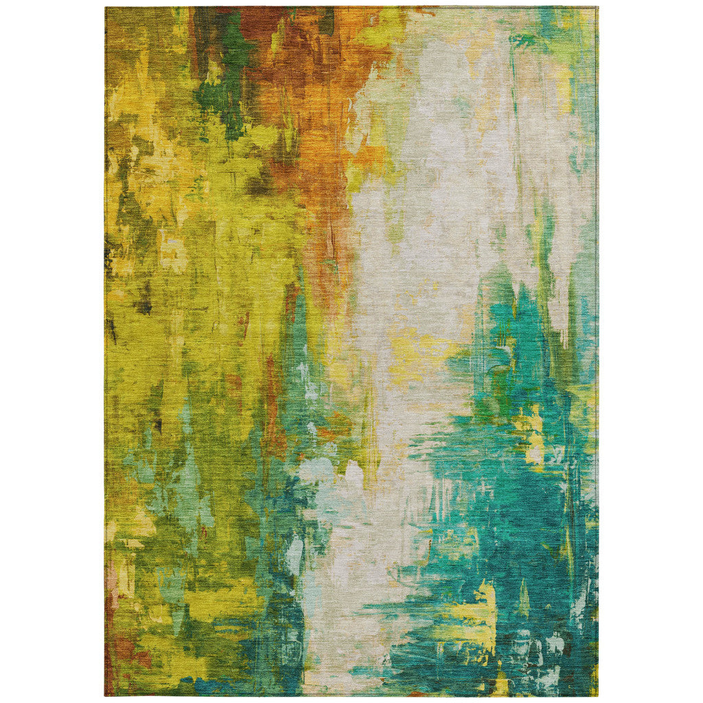 5' X 8' Green And Gold Abstract Washable Indoor Outdoor Area Rug
