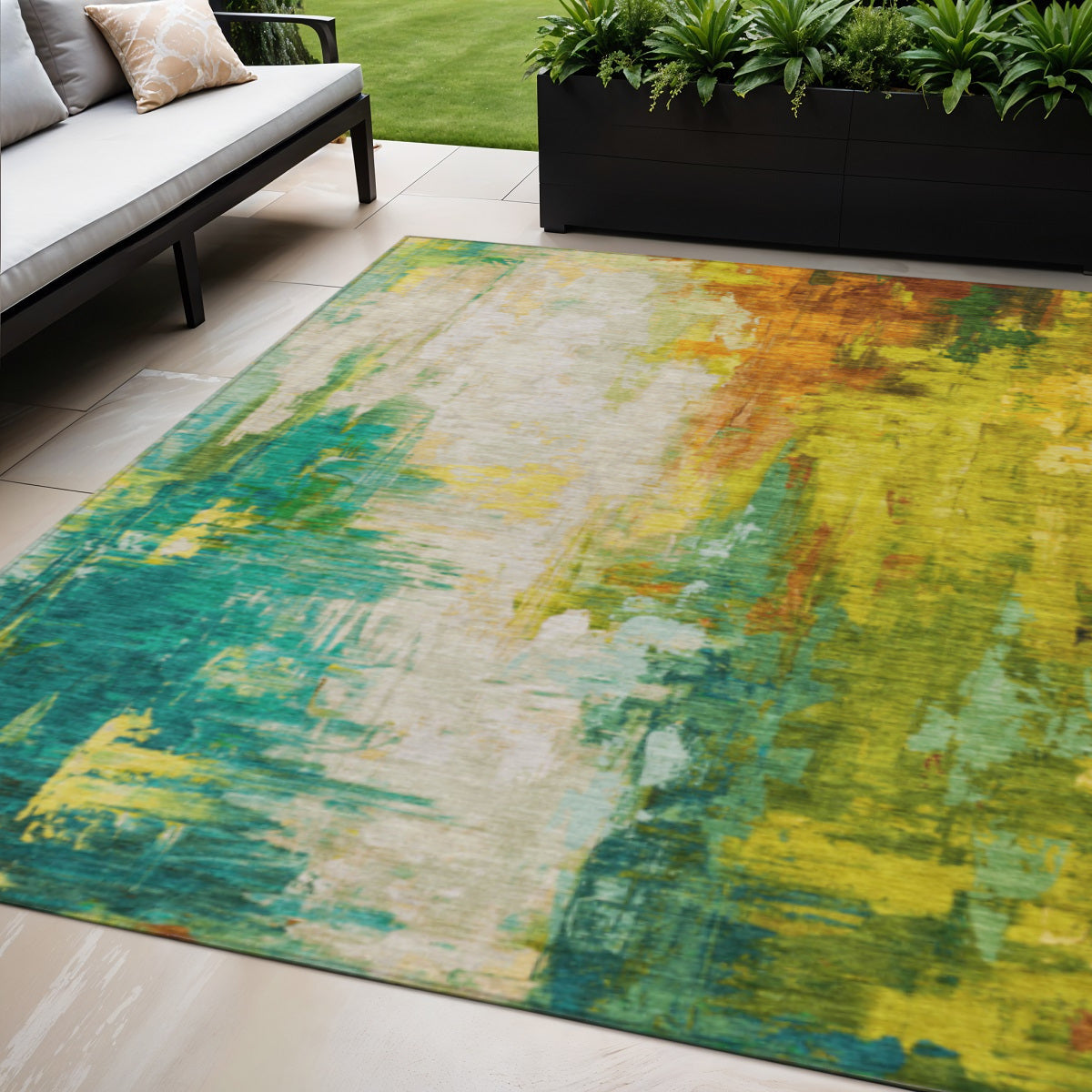 5' X 8' Green And Gold Abstract Washable Indoor Outdoor Area Rug