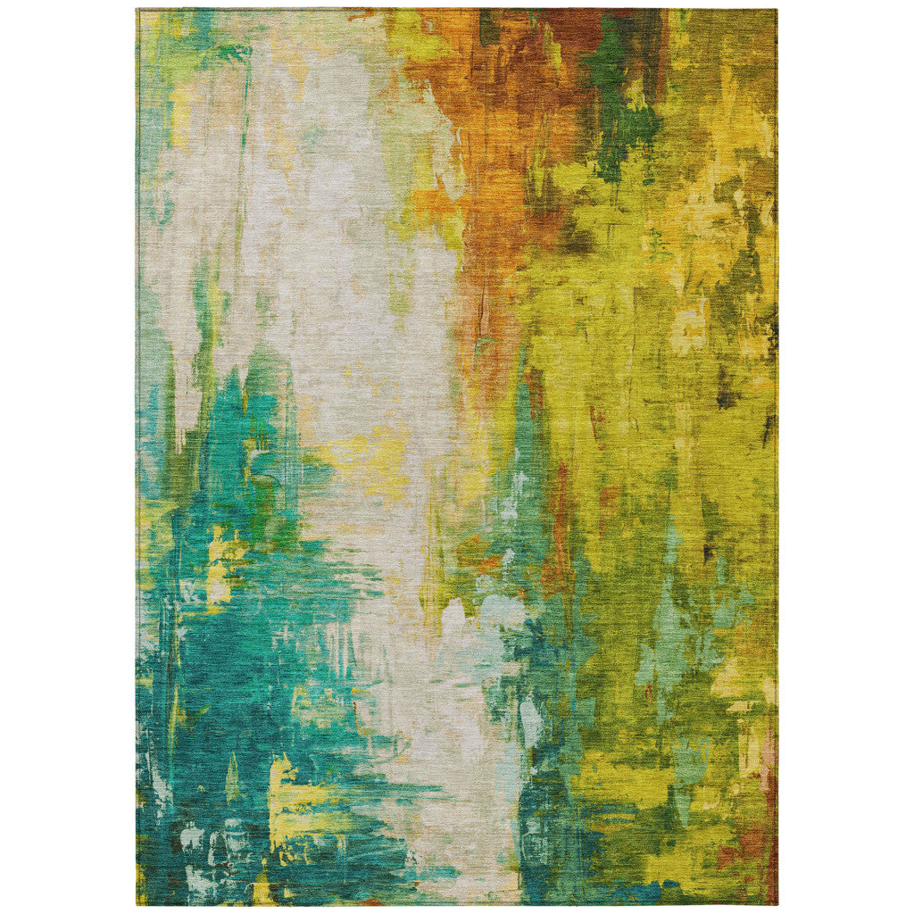 5' X 8' Green And Gold Abstract Washable Indoor Outdoor Area Rug