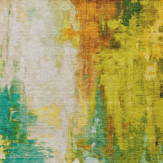 5' X 8' Green And Gold Abstract Washable Indoor Outdoor Area Rug