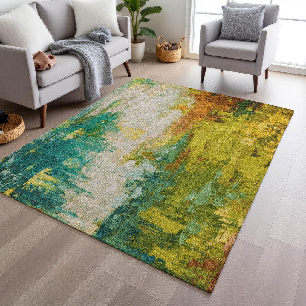 5' X 8' Green And Gold Abstract Washable Indoor Outdoor Area Rug