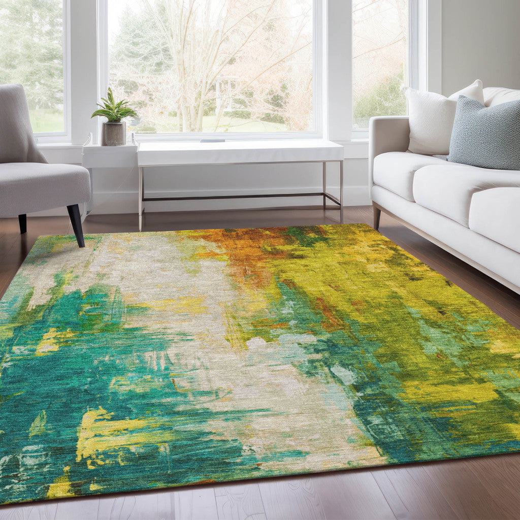 5' X 8' Green And Gold Abstract Washable Indoor Outdoor Area Rug