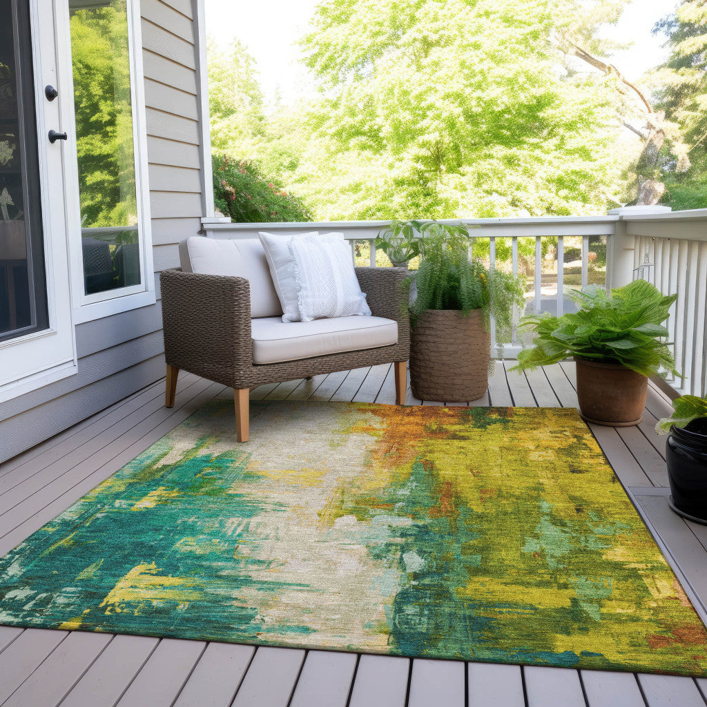 5' X 8' Green And Gold Abstract Washable Indoor Outdoor Area Rug