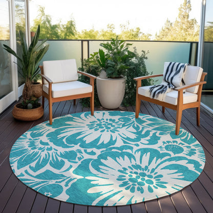 8' X 8' Teal and Ivory Round Floral Washable Non Skid Indoor Outdoor Area Rug