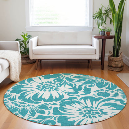 8' X 8' Teal and Ivory Round Floral Washable Non Skid Indoor Outdoor Area Rug