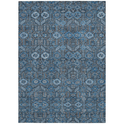 9' X 12' Blue and Black Floral Washable Non Skid Indoor Outdoor Area Rug