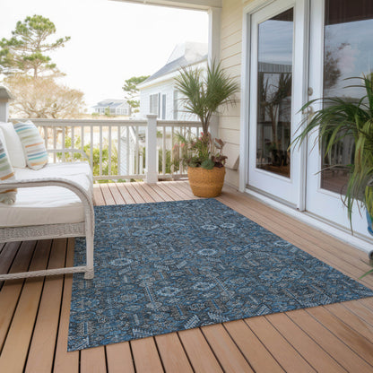 9' X 12' Blue and Black Floral Washable Non Skid Indoor Outdoor Area Rug