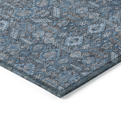 9' X 12' Blue and Black Floral Washable Non Skid Indoor Outdoor Area Rug
