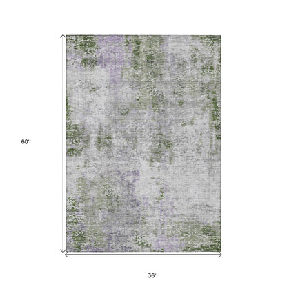 3' X 5' Olive Green And Gray Abstract Washable Indoor Outdoor Area Rug