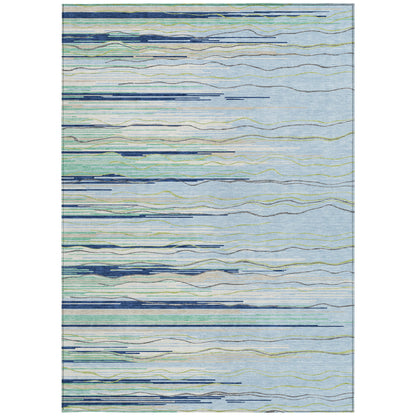 10' X 14' Sky Blue Aqua And Gray Striped Washable Indoor Outdoor Area Rug