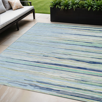 10' X 14' Sky Blue Aqua And Gray Striped Washable Indoor Outdoor Area Rug