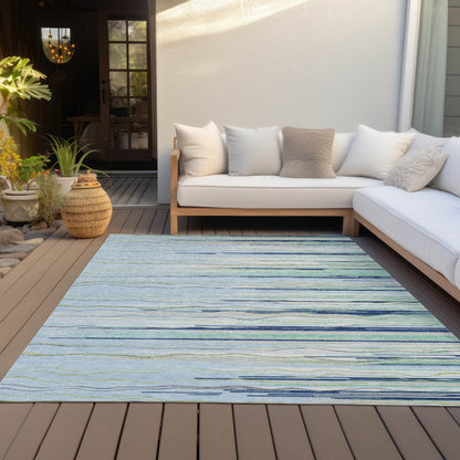 10' X 14' Sky Blue Aqua And Gray Striped Washable Indoor Outdoor Area Rug