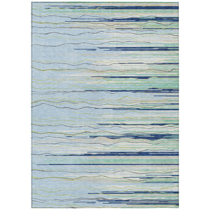 10' X 14' Sky Blue Aqua And Gray Striped Washable Indoor Outdoor Area Rug