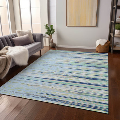 10' X 14' Sky Blue Aqua And Gray Striped Washable Indoor Outdoor Area Rug