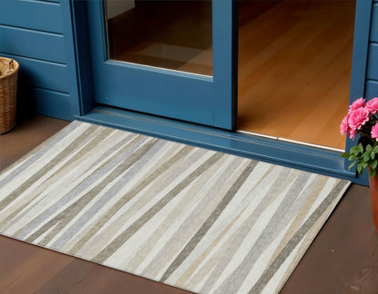 3' X 5' Ivory And Gray Striped Washable Indoor Outdoor Area Rug