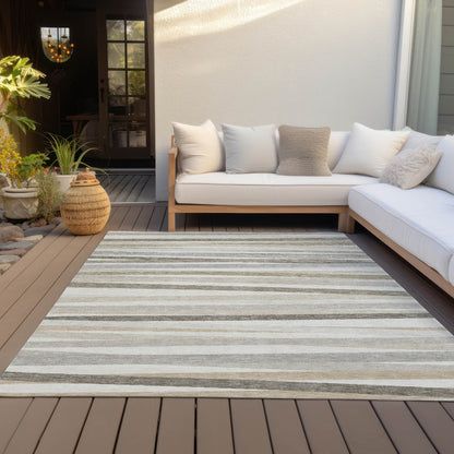 3' X 5' Ivory And Gray Striped Washable Indoor Outdoor Area Rug