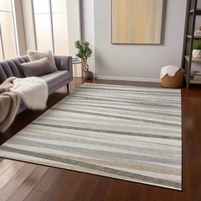 3' X 5' Ivory And Gray Striped Washable Indoor Outdoor Area Rug
