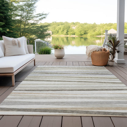 3' X 5' Ivory And Gray Striped Washable Indoor Outdoor Area Rug