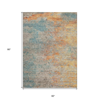 5' X 8' Teal Blue Abstract Washable Indoor Outdoor Area Rug