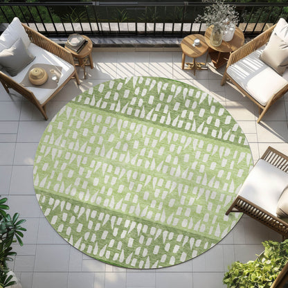 8' Green Sage And Ivory Round Geometric Washable Indoor Outdoor Area Rug