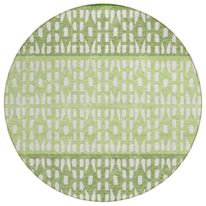 8' Green Sage And Ivory Round Geometric Washable Indoor Outdoor Area Rug