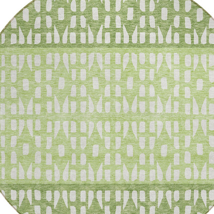 8' Green Sage And Ivory Round Geometric Washable Indoor Outdoor Area Rug