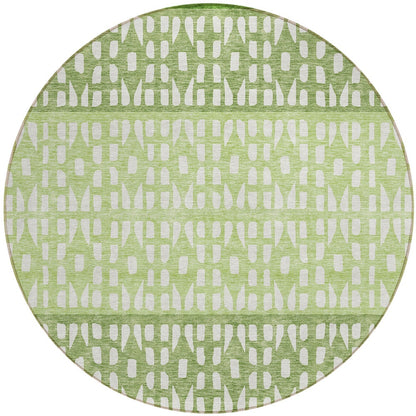 8' Green Sage And Ivory Round Geometric Washable Indoor Outdoor Area Rug