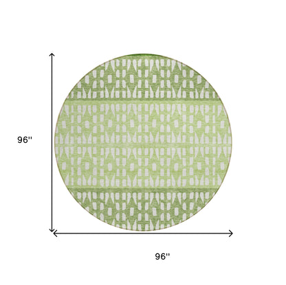 8' Green Sage And Ivory Round Geometric Washable Indoor Outdoor Area Rug