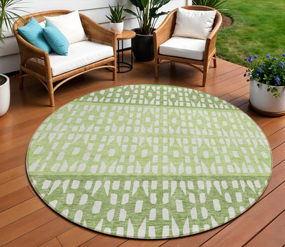 8' Green Sage And Ivory Round Geometric Washable Indoor Outdoor Area Rug